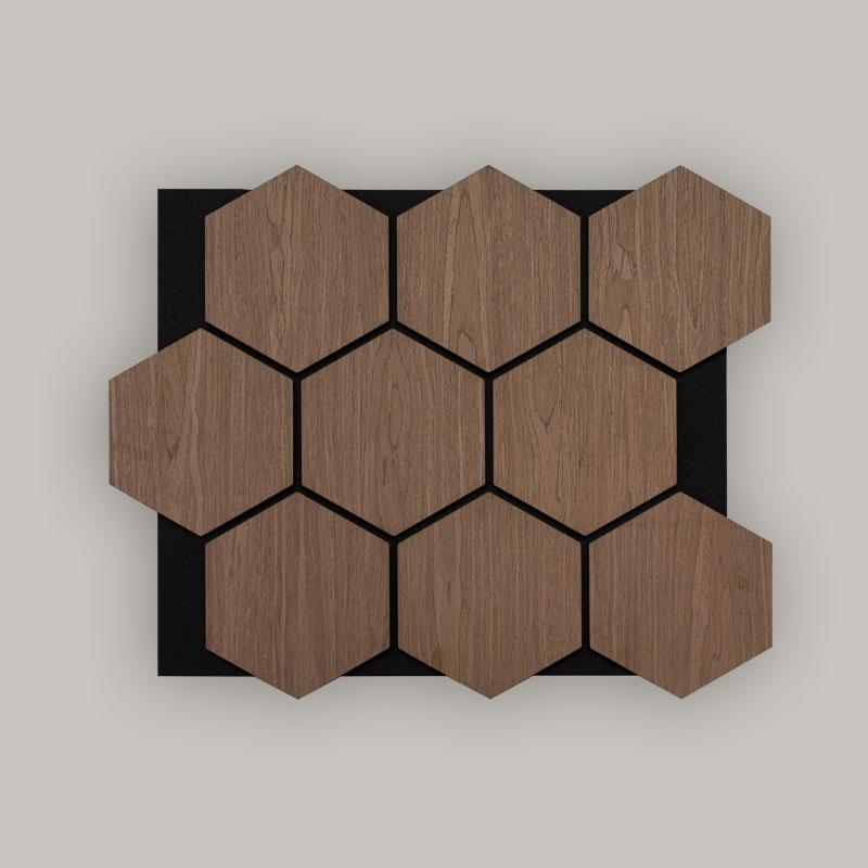 Grillvegg/akustisk veggpanel sekskantet (konstruert trefiner innpakket) - Trekornet finish 693 mm x 567 mm